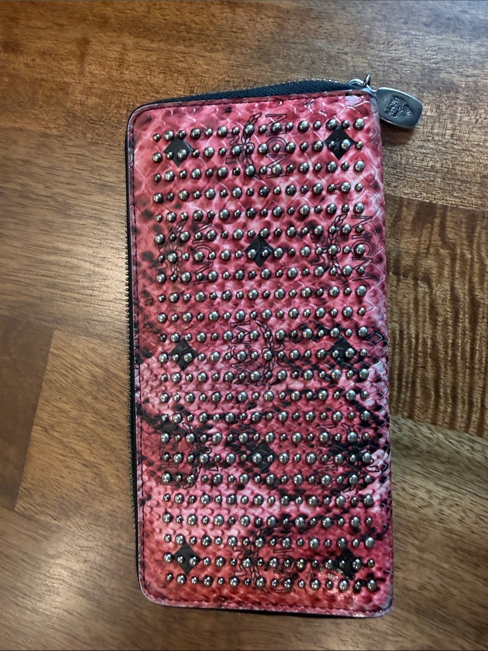 MCM Pink and Black studded python Zip around wallet